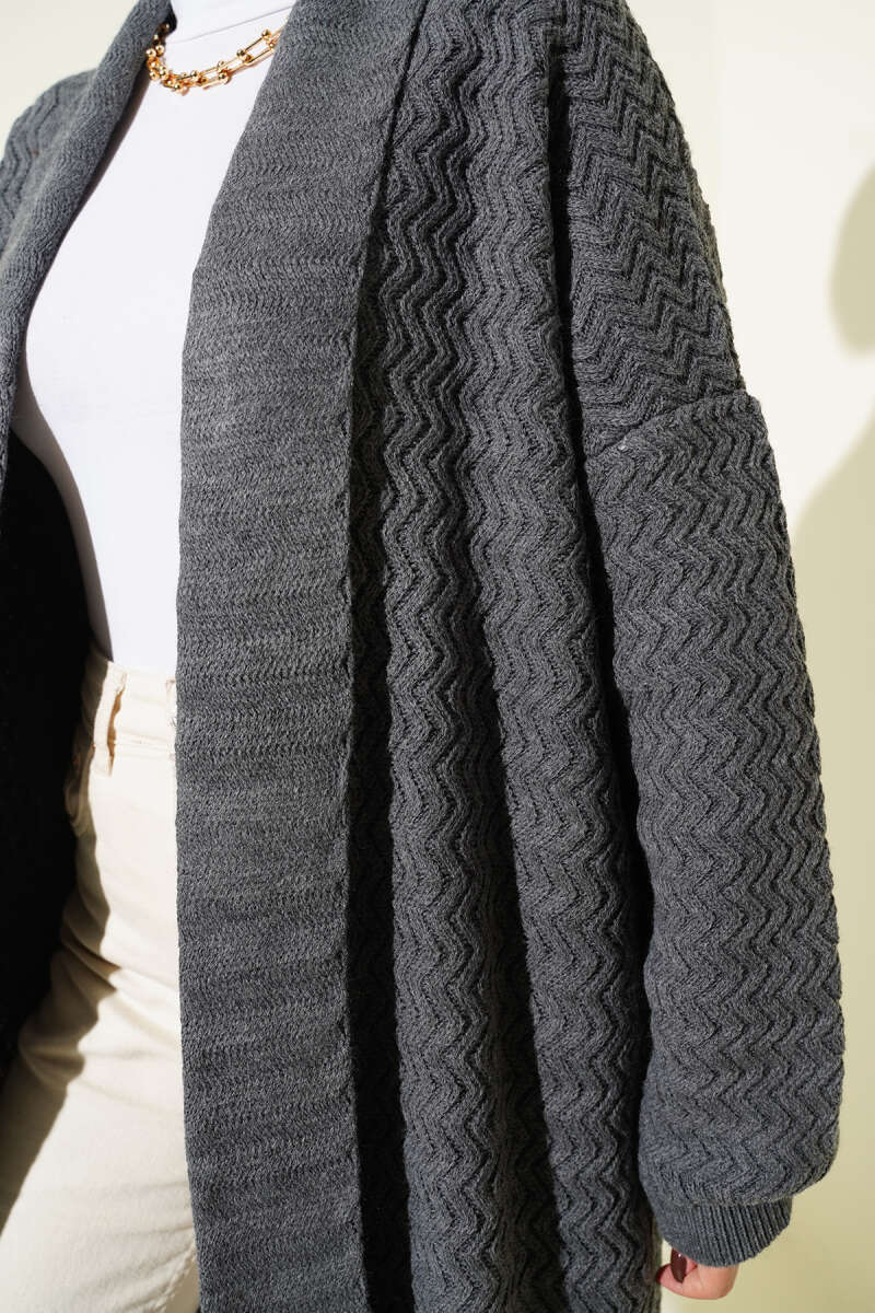 Zigzag Kabartmalı Triko Uzun Hırka gri