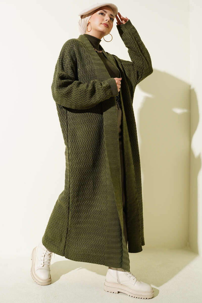 Zigzag Kabartmalı Triko Uzun Hırka haki