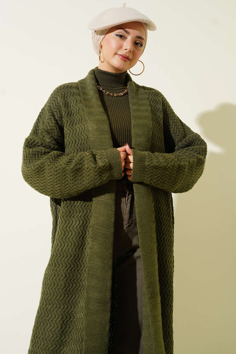 Zigzag Kabartmalı Triko Uzun Hırka haki