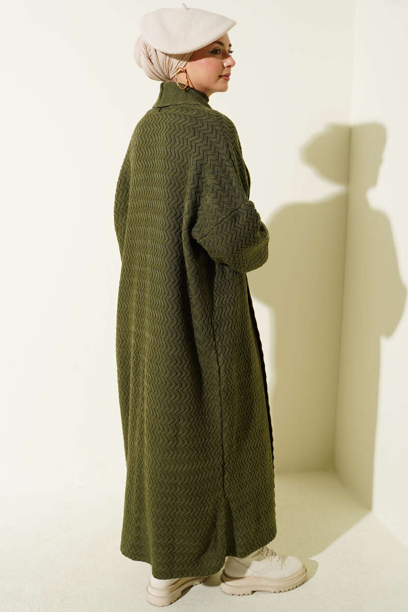 Zigzag Kabartmalı Triko Uzun Hırka haki