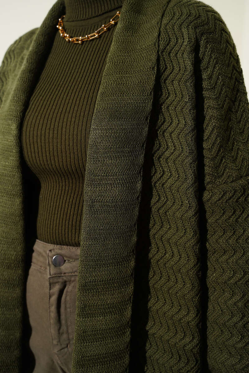 Zigzag Kabartmalı Triko Uzun Hırka haki