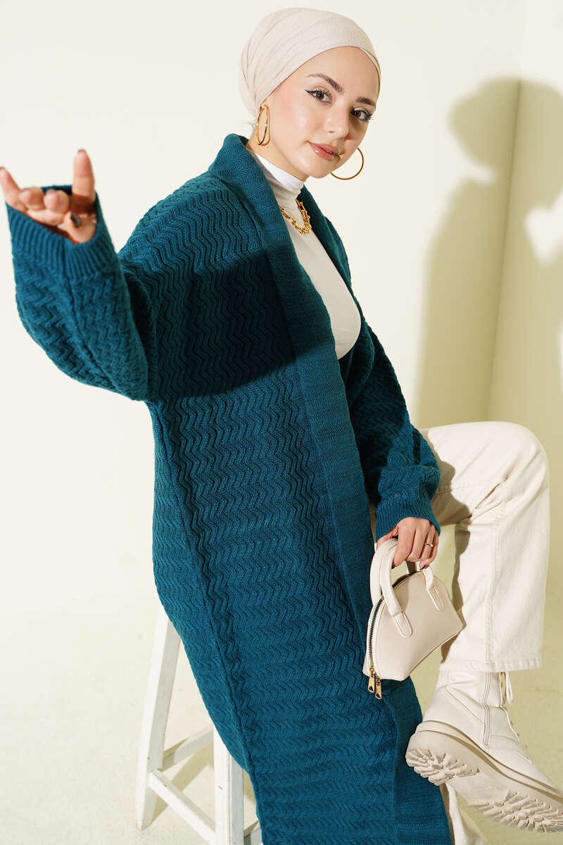 Zigzag Kabartmalı Triko Uzun Hırka petrol mavi