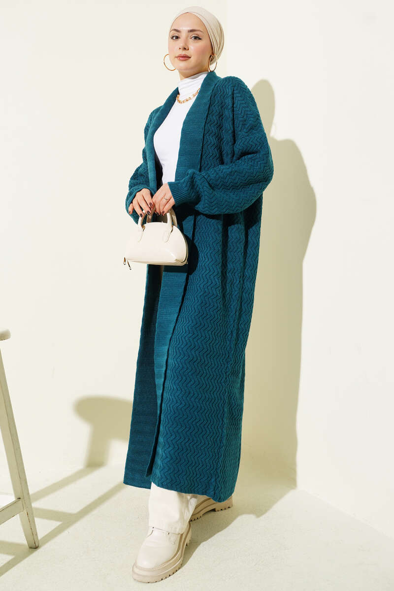 Zigzag Kabartmalı Triko Uzun Hırka petrol mavi