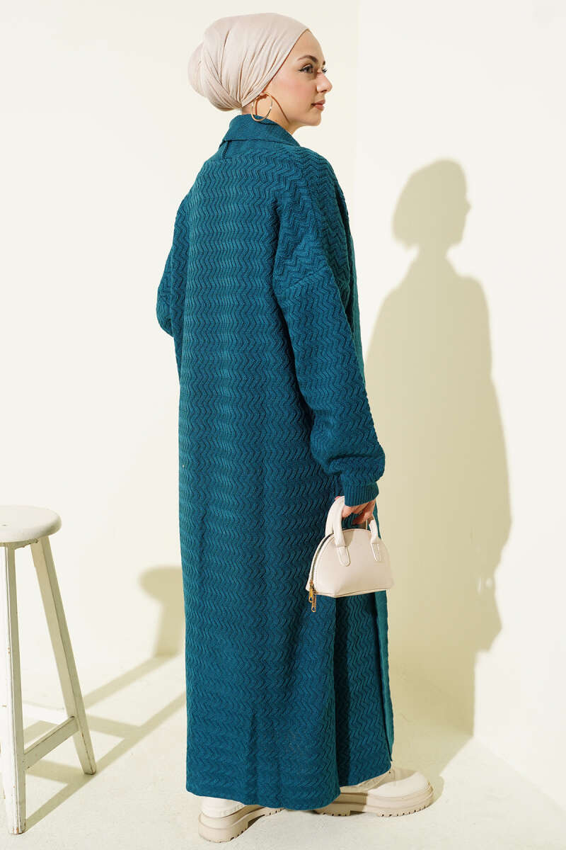 Zigzag Kabartmalı Triko Uzun Hırka petrol mavi