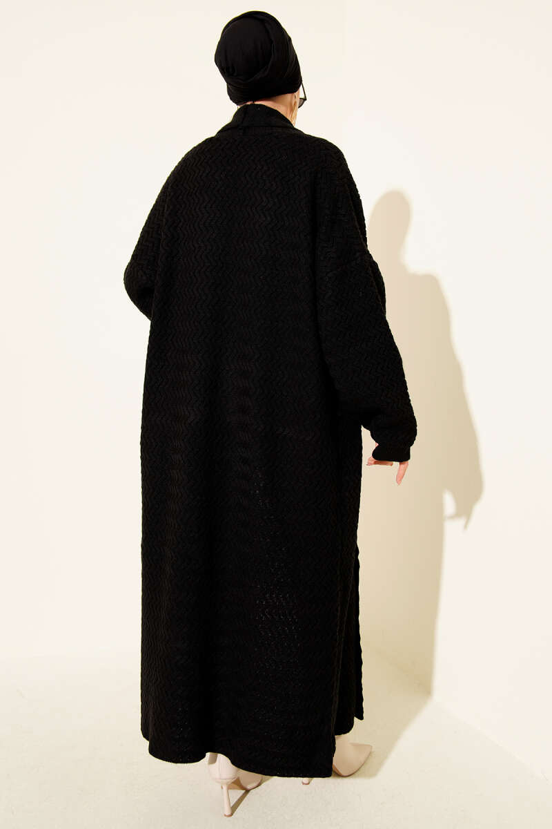 Zigzag Kabartmalı Triko Uzun Hırka siyah