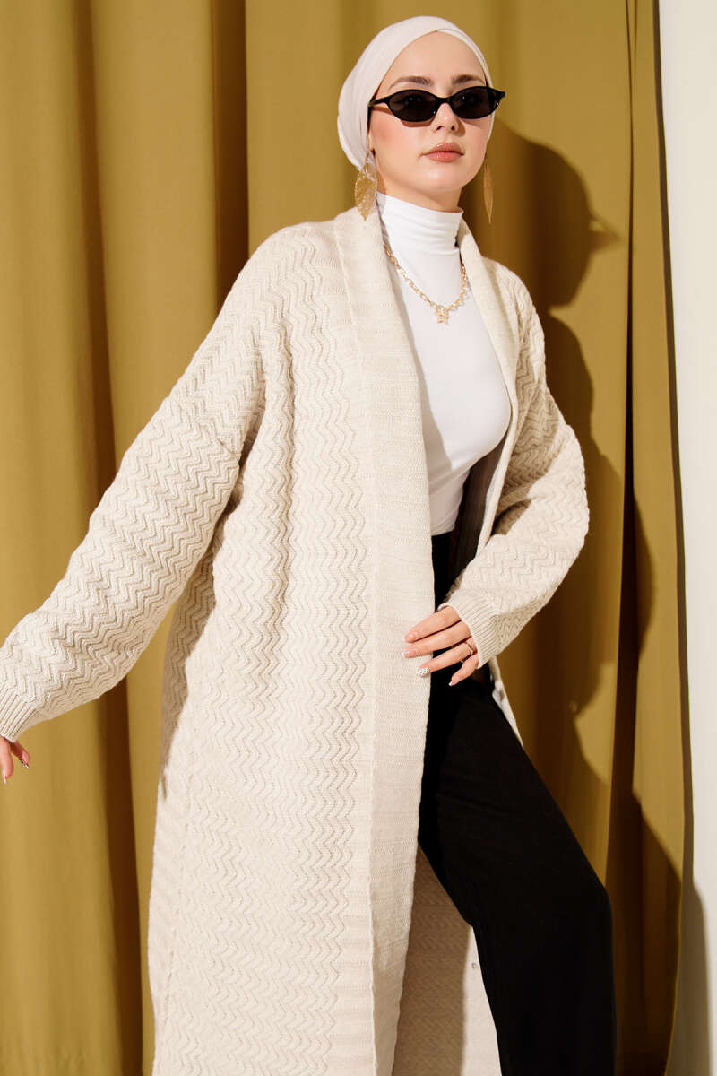 Zigzag Kabartmalı Triko Uzun Hırka ekru