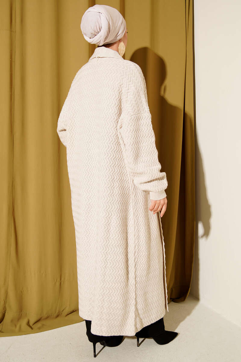 Zigzag Kabartmalı Triko Uzun Hırka ekru