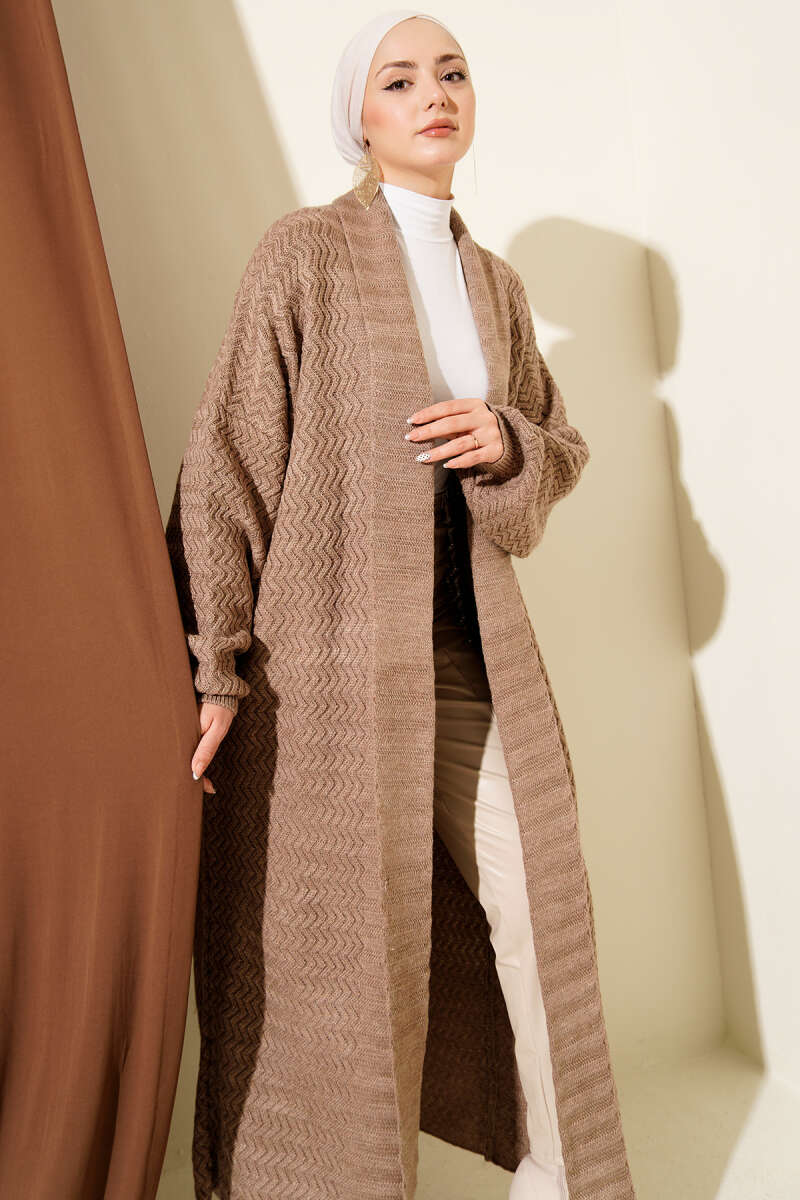 Zigzag Kabartmalı Triko Uzun Hırka vizon