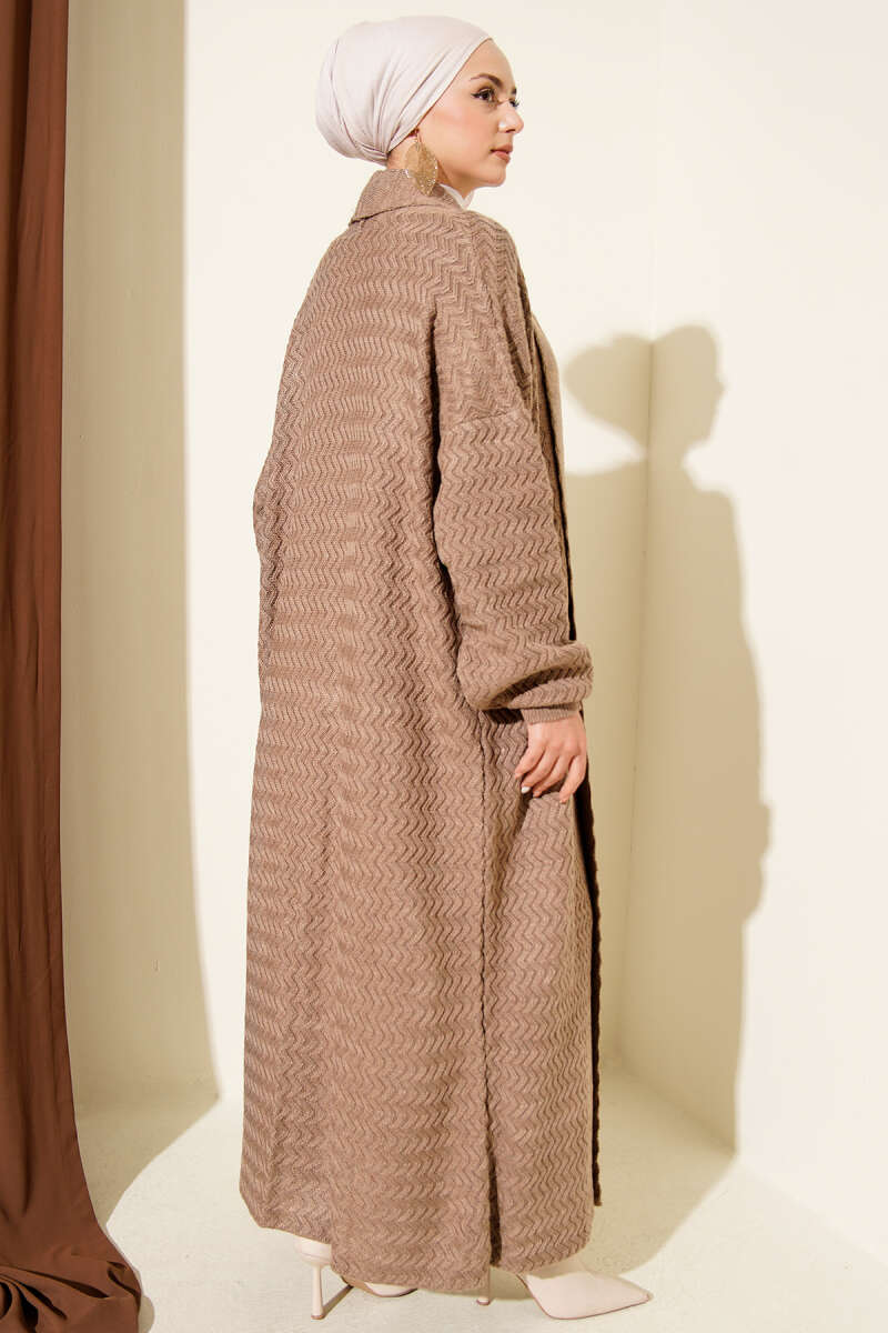 Zigzag Kabartmalı Triko Uzun Hırka vizon