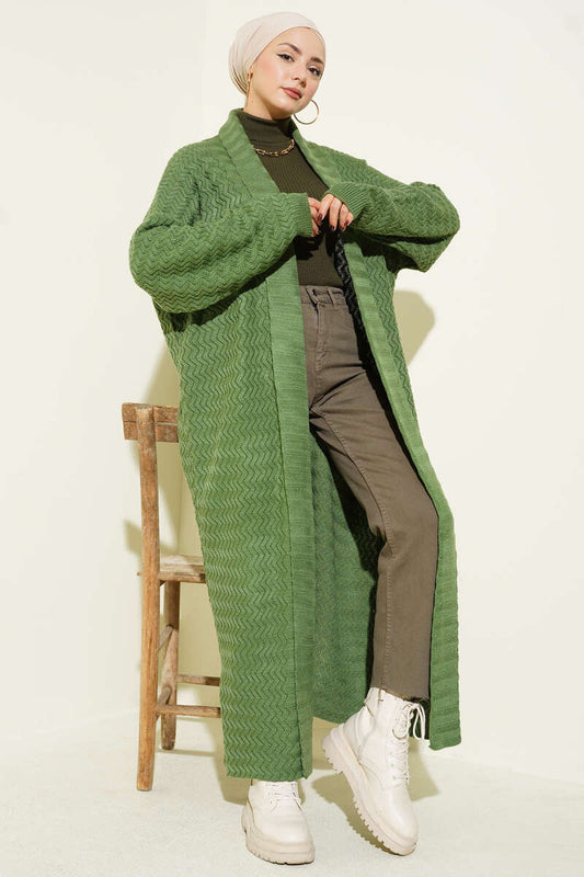 Zigzag Kabartmalı Triko Uzun Hırka yesil