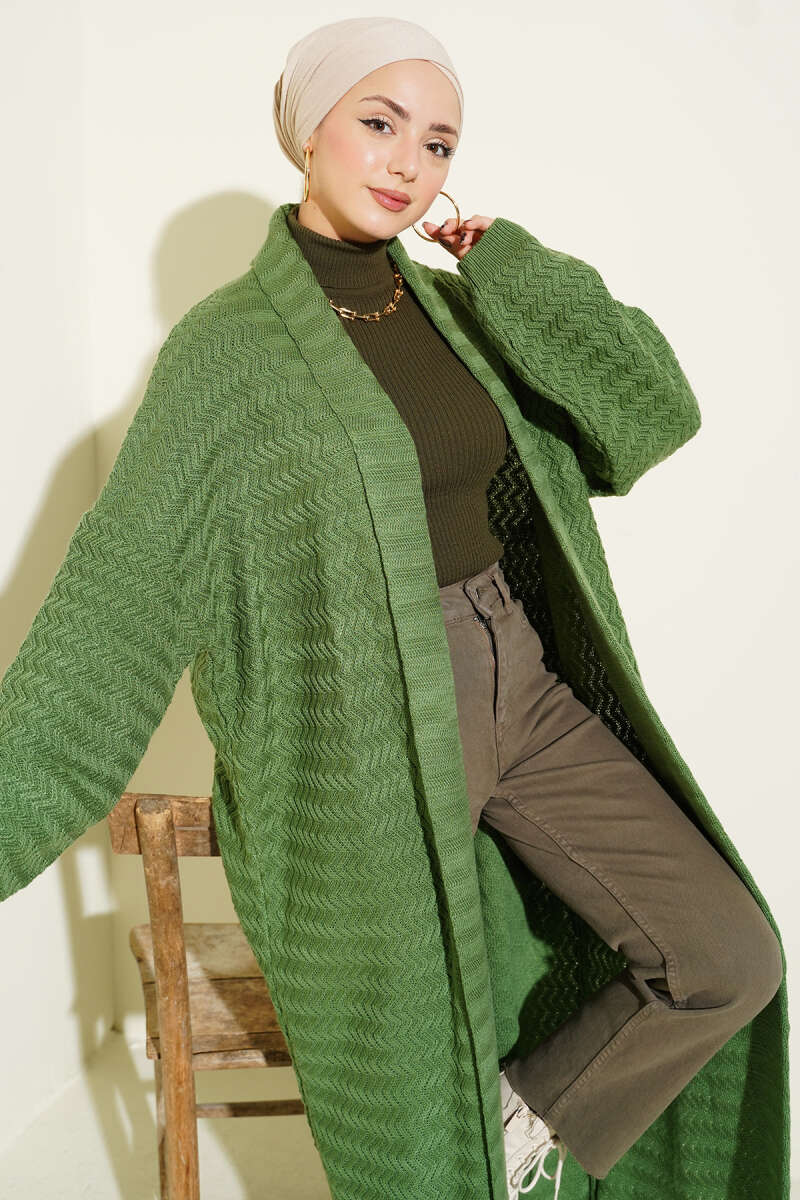 Zigzag Kabartmalı Triko Uzun Hırka yesil