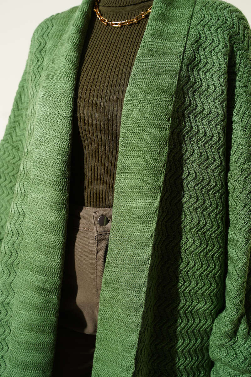 Zigzag Kabartmalı Triko Uzun Hırka yesil