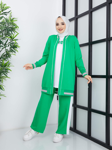 Costume Hijab 3 pièces à rayures - Vert - Thumbnail