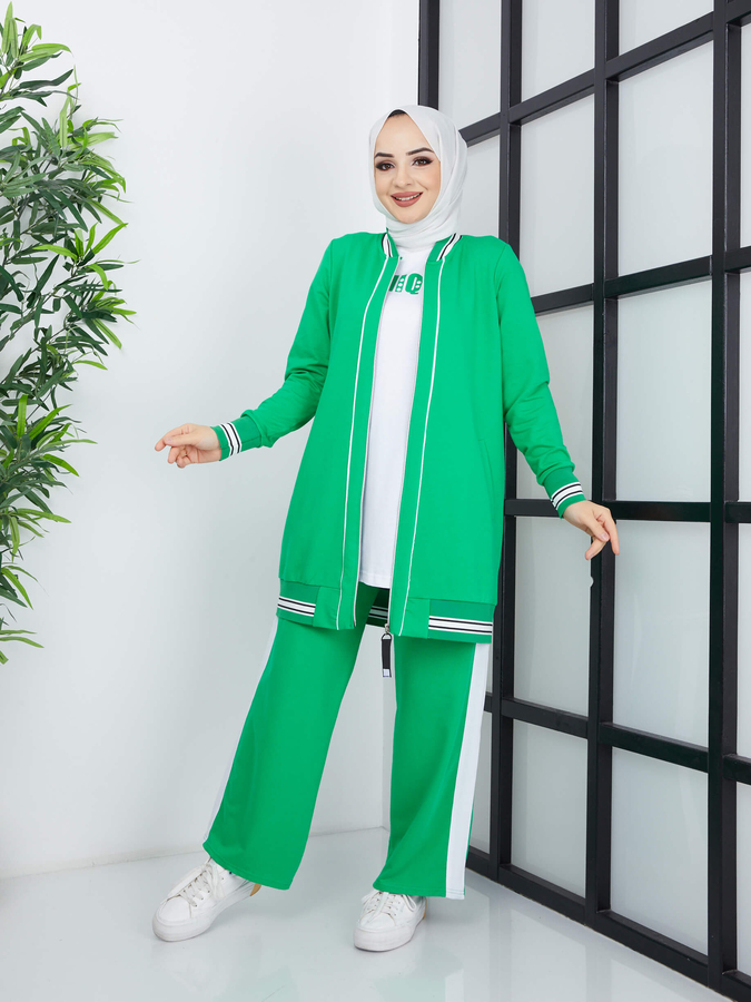 Costume Hijab 3 pièces à rayures - Vert
