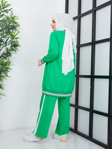 Costume Hijab 3 pièces à rayures - Vert - Thumbnail