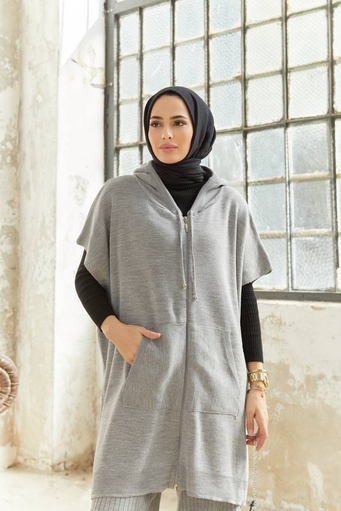 Ensemble de tricot 2 pièces Hijab long - Gris - Thumbnail