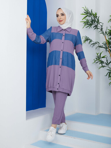 Ensemble hijab 2 pièces élastique violet - Thumbnail