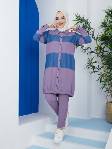 Ensemble hijab 2 pièces élastique violet - Thumbnail