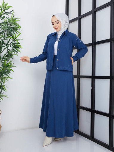 Ensemble Hijab 3 Pièces - Bleu - Thumbnail
