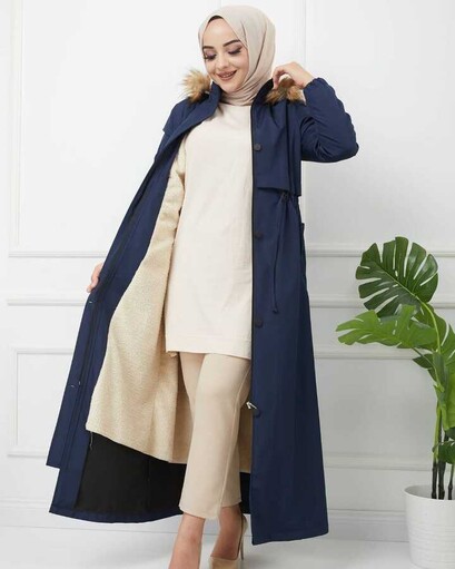 Gesammelte Taille Wolle Long Parka marine - Thumbnail