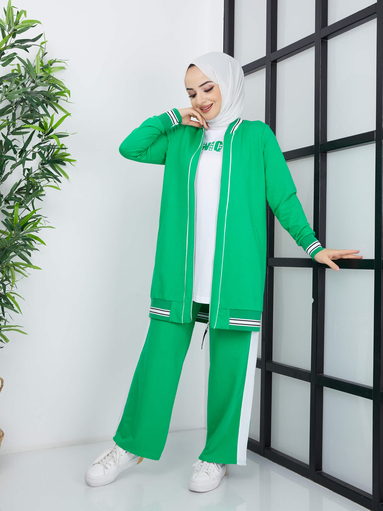 Gestreifter 3-teiliger Hijab-Anzug - Grün - Thumbnail