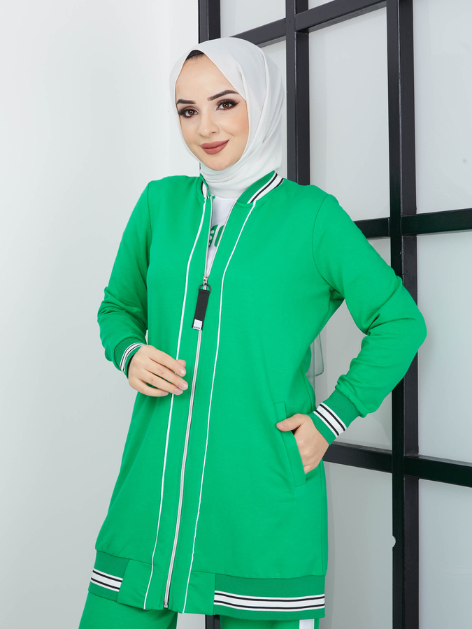 Gestreifter 3-teiliger Hijab-Anzug - Grün
