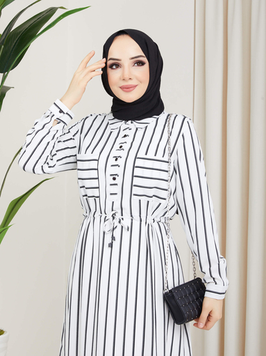 Gestreiftes Hijab Kleid Weiß - Thumbnail