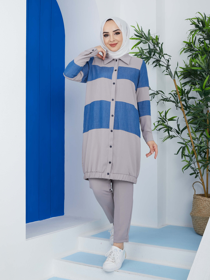 Graues elastisches 2-teiliges Hijab-Set