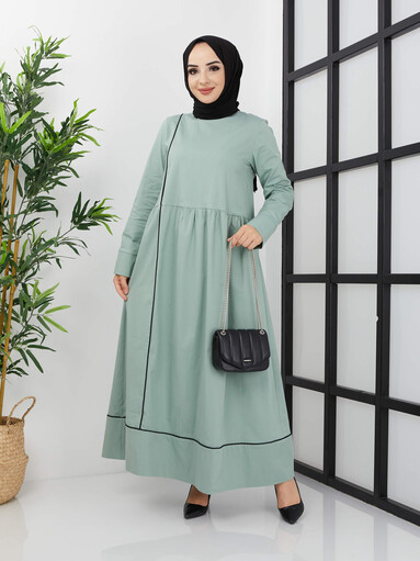 Hijab-Kleid mit schäbigen Streifen und Details - Grün - Thumbnail