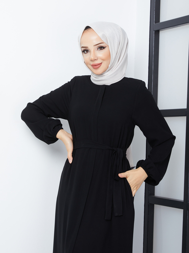 Hijab Abaya mit Gürtel – Schwarz - Thumbnail