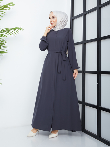 Hijab Abaya mit Taillengürtel – Grau - Thumbnail