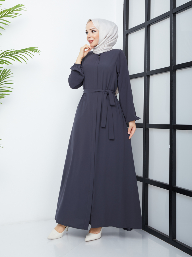 Hijab Abaya mit Taillengürtel – Grau