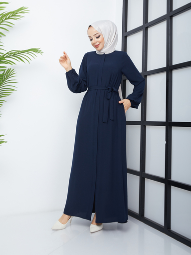 Hijab Abaya mit Taillengürtel – Marineblau - Thumbnail