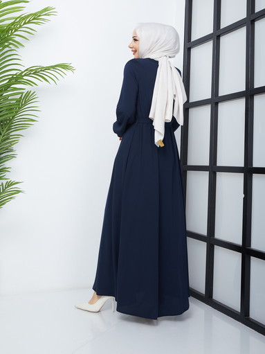 Hijab Abaya mit Taillengürtel – Marineblau - Thumbnail