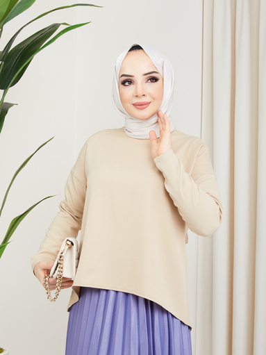 Kurze Vorderseite Langer Rücken Lange Hijab Bluse Beige - Thumbnail