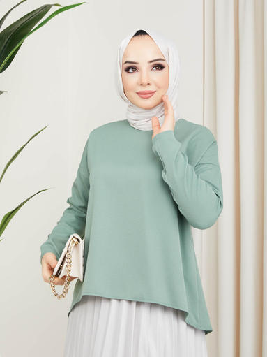 Kurze Vorderseite Langer Rücken Lange Hijab Bluse Grün - Thumbnail