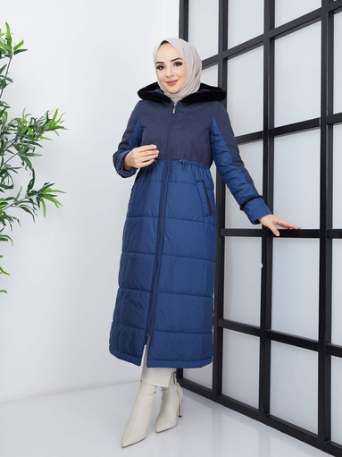 Langer aufblasbarer Mantel mit Pelzkapuze - Marineblau - Thumbnail