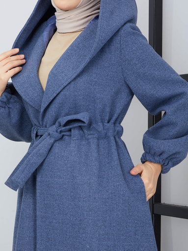 Langer Mantel mit Gürtel - Blau - Thumbnail