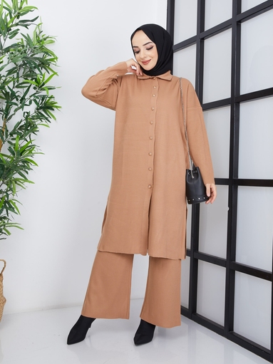 Langes Hijab-Kleid mit Rüschensaum - Hellbraun - Thumbnail