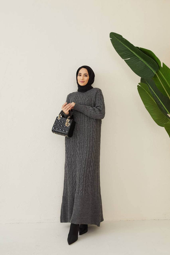 Langes Hijab-Strickkleid - Grau - Thumbnail