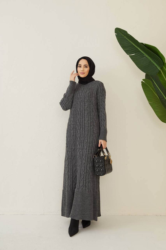 Langes Hijab-Strickkleid - Grau - Thumbnail