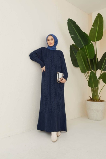 Langes Hijab-Strickkleid - Marineblau - Thumbnail