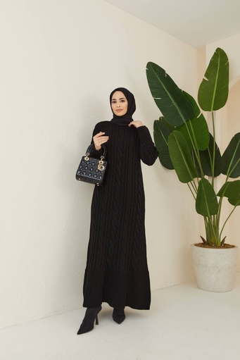 Langes Hijab-Strickkleid - Schwarz - Thumbnail