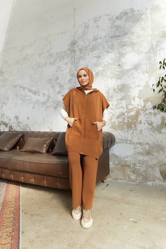 Langes Hijab 2-teiliges Strickset - camel - Thumbnail