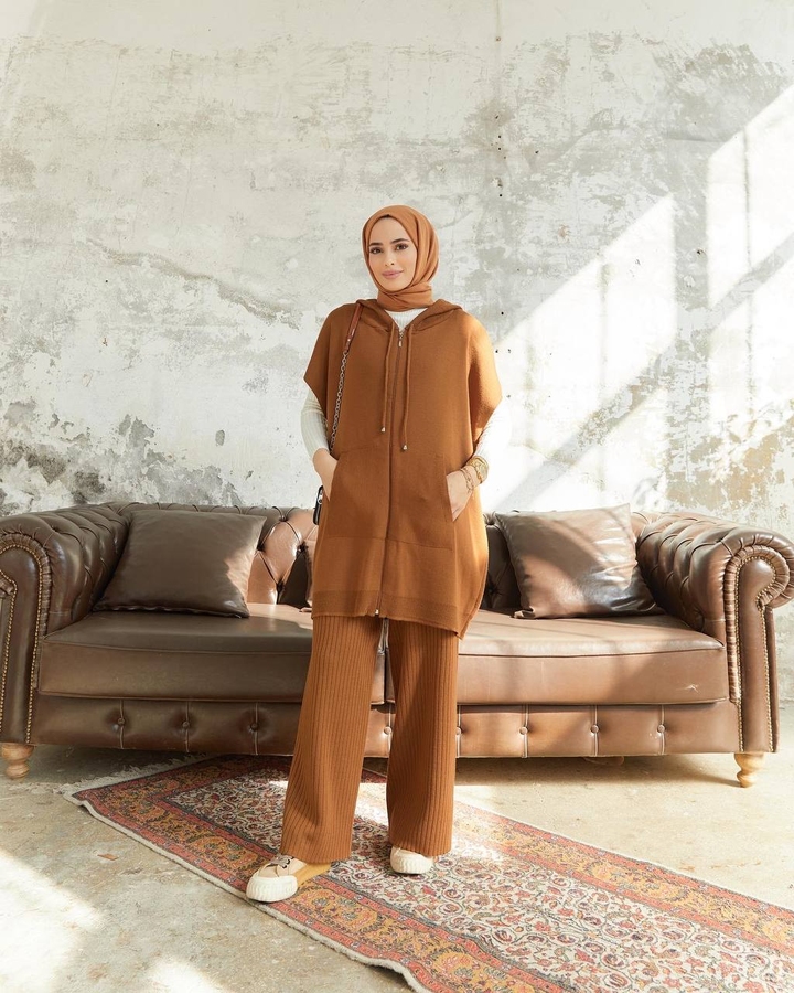 Langes Hijab 2-teiliges Strickset - camel
