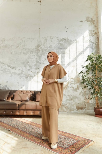 Langes Hijab 2-teiliges Strickset - Creme - Thumbnail