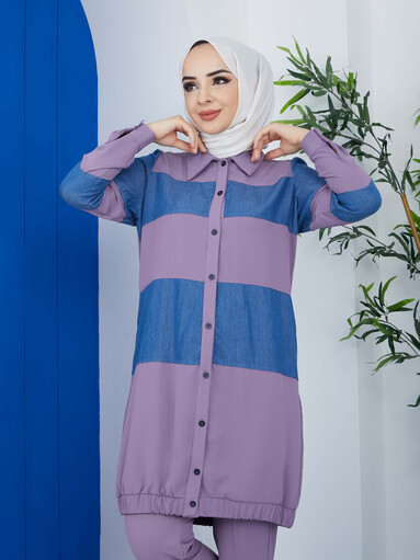 Lila elastisches 2-teiliges Hijab-Set - Thumbnail