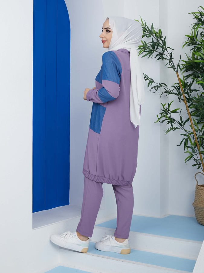 Lila elastisches 2-teiliges Hijab-Set