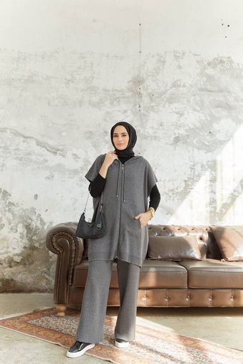 Long Hijab 2-teiliges Strickset - dunkelgrau - Thumbnail