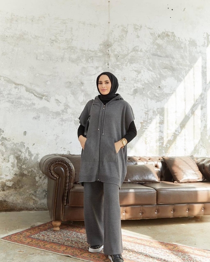 Long Hijab 2-teiliges Strickset - dunkelgrau - Thumbnail